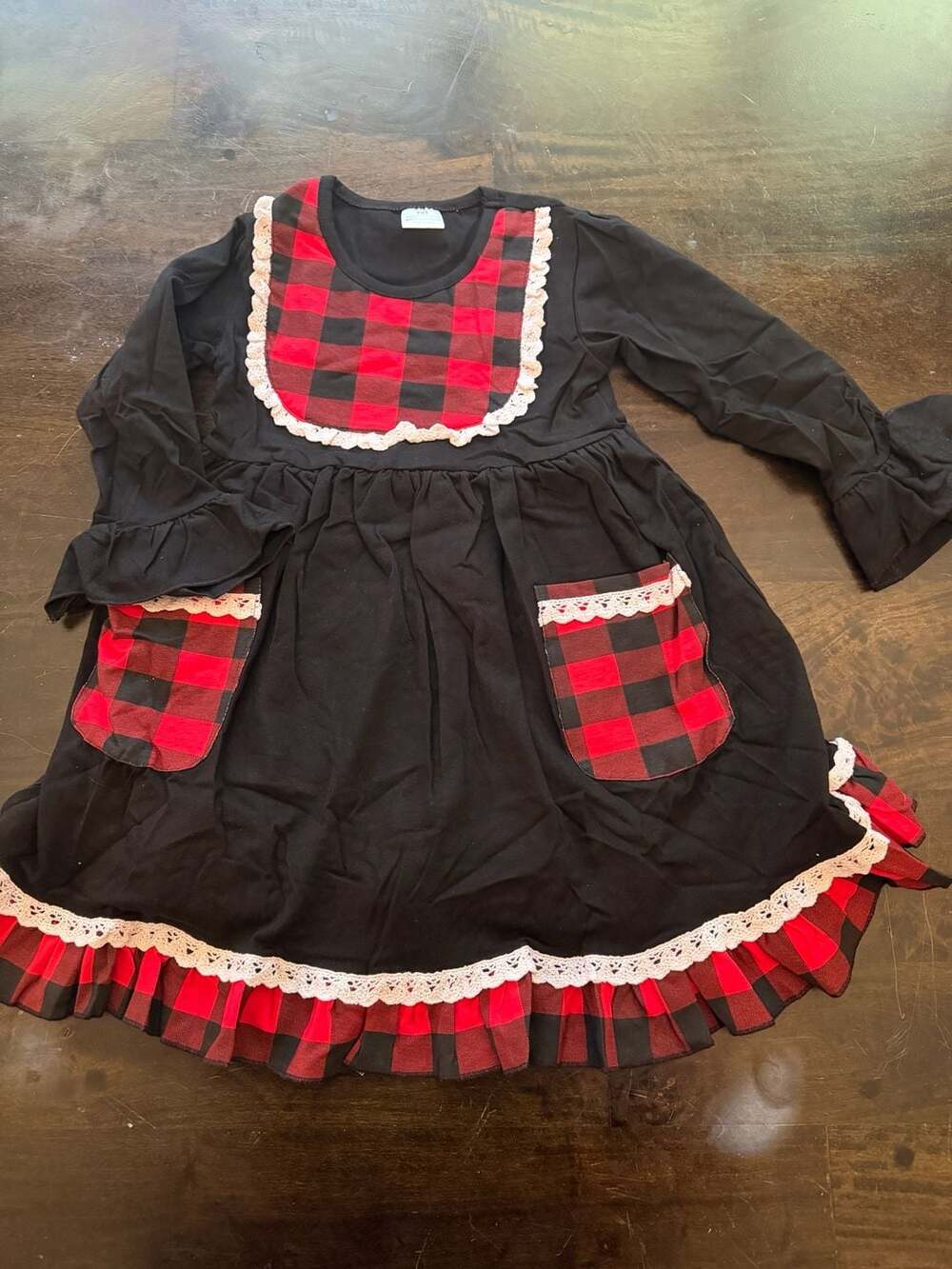 Unbranded Buffalo Plaid Long Sleeve Dress Size 6/7 Black Red Lace Trim